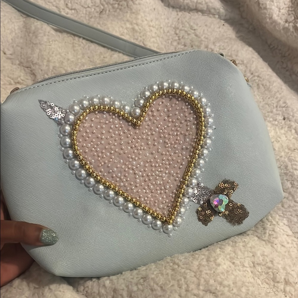 Upcycled Elegant Blue Heart-Embellished Women's Bag